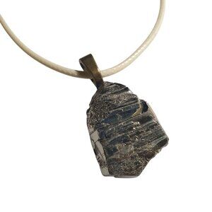 Natural Raw Pyrite Stone Pendant Beige Cord Necklace 17" To 19" Length Gift